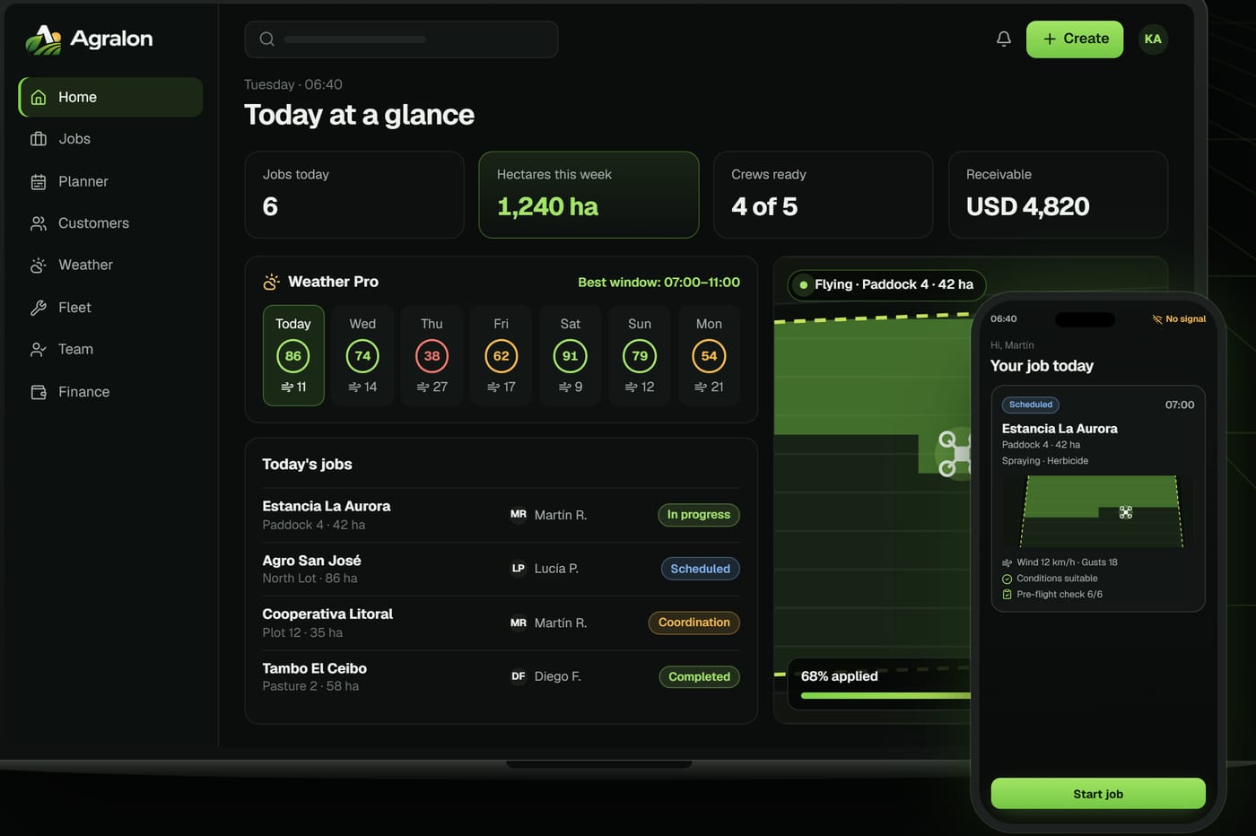 Agralon with sample data: dashboard with today's jobs, weather and field map on a laptop, and the pilot app on a phone.
