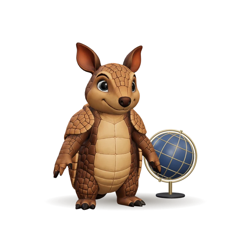 Paco, the Kunz Global character: a friendly armadillo standing next to a globe.